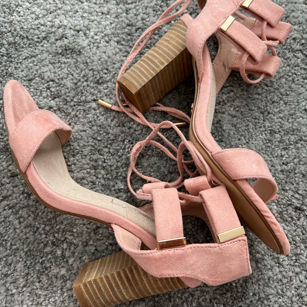 Pink suede ankle tie up summer heeled sandals